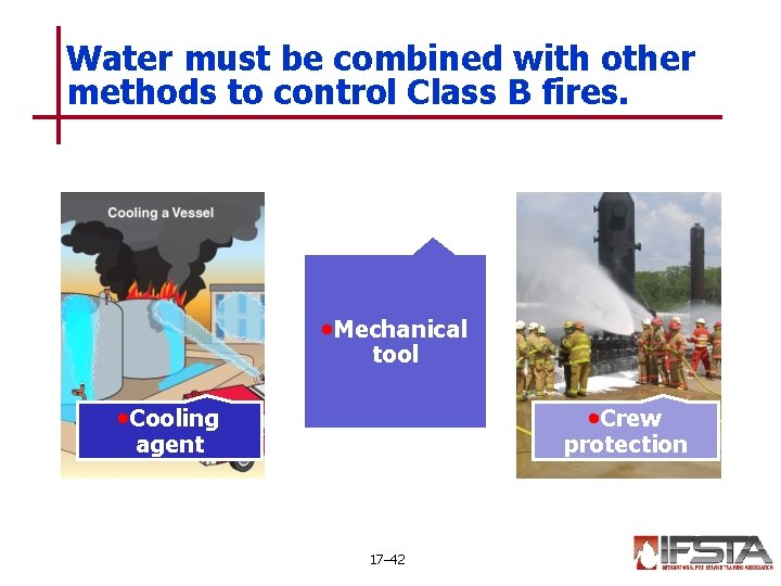 Water must be combined with other methods to control Class B fires. • Mechanical