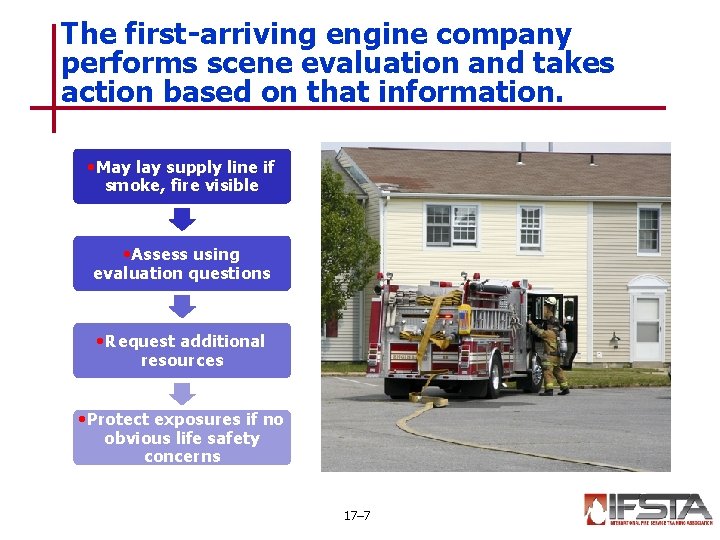The first-arriving engine company performs scene evaluation and takes action based on that information.
