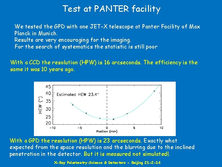 Test at PANTER facility We tested the GPD with one JET-X telescope at Panter