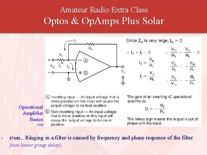Amateur Radio Extra Class Optos & Op. Amps Plus Solar Operational Amplifier Basics cont.