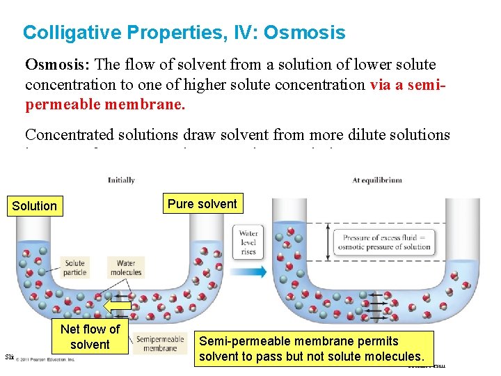Colligative Properties, IV: Osmosis: The flow of solvent from a solution of lower solute
