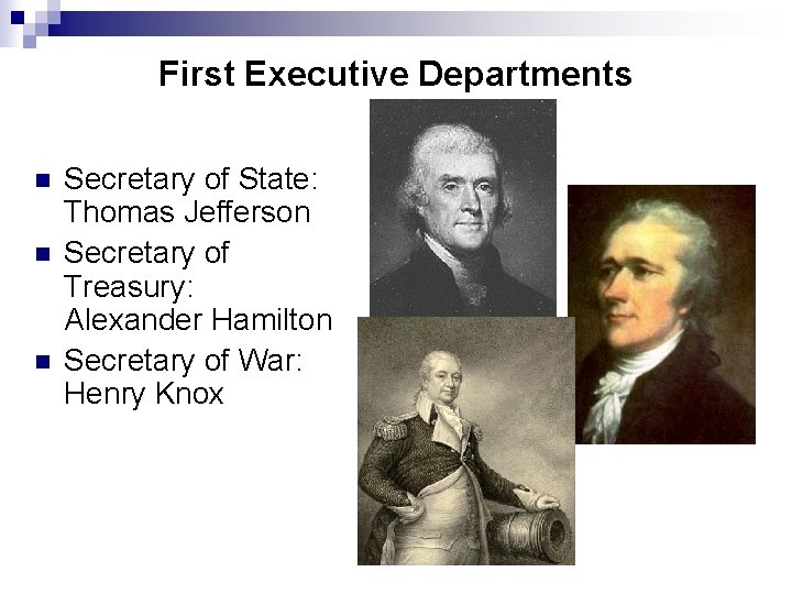 First Executive Departments n n n Secretary of State: Thomas Jefferson Secretary of Treasury: