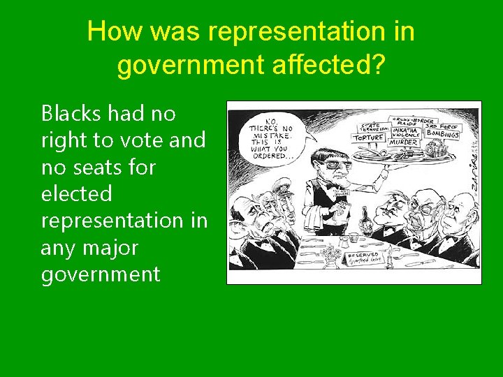 How was representation in government affected? Blacks had no right to vote and no