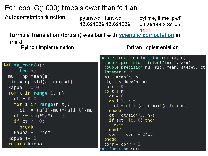 For loop: O(1000) times slower than fortran Autocorrelation function pyanswer, fanswer 15. 694856 pytime,