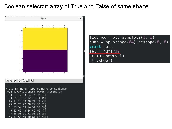 Boolean selector: array of True and False of same shape 