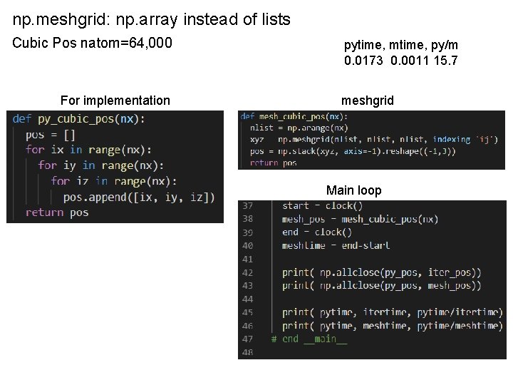 np. meshgrid: np. array instead of lists Cubic Pos natom=64, 000 For implementation pytime,