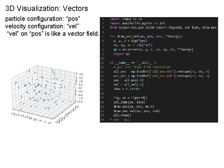3 D Visualization: Vectors particle configuration: “pos” velocity configuration: “vel” on “pos” is like