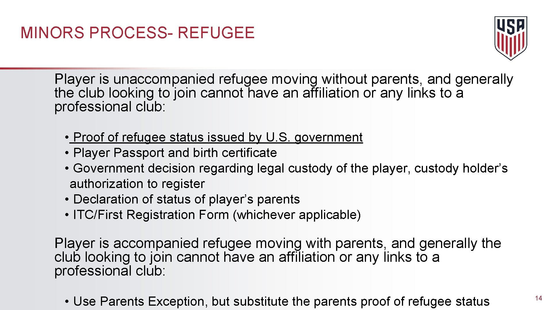 MINORS PROCESS- REFUGEE Player is unaccompanied refugee moving without parents, and generally the club