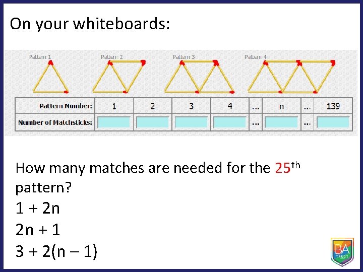 On your whiteboards: How many matches are needed for the 25 th pattern? 1