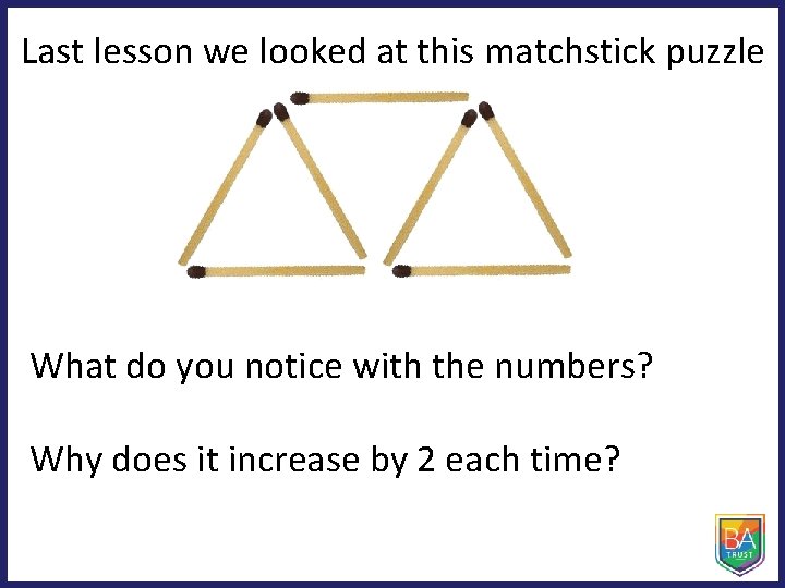 Last lesson we looked at this matchstick puzzle What do you notice with the