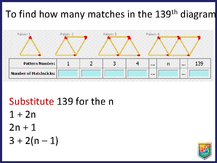 To find how many matches in the 139 th diagram: Substitute 139 for the