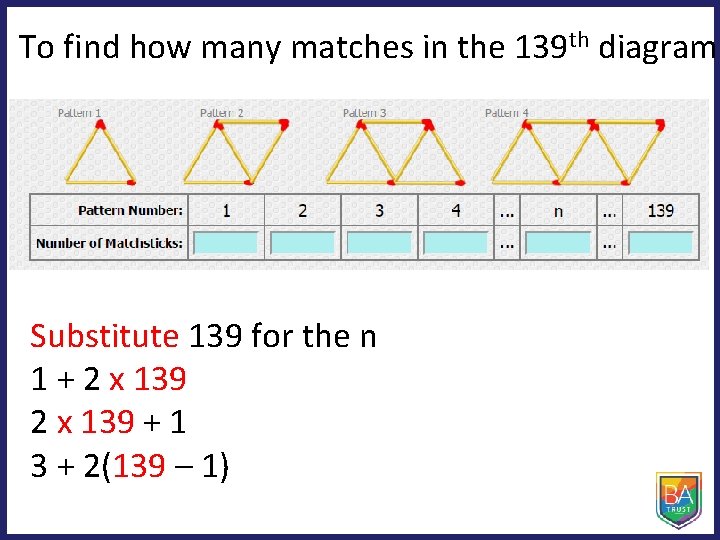 To find how many matches in the 139 th diagram: Substitute 139 for the