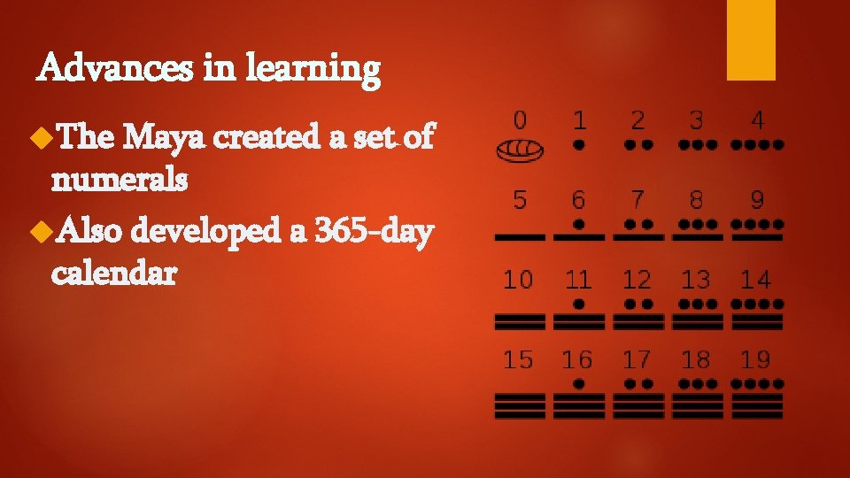 Advances in learning The Maya created a set of numerals Also developed a 365