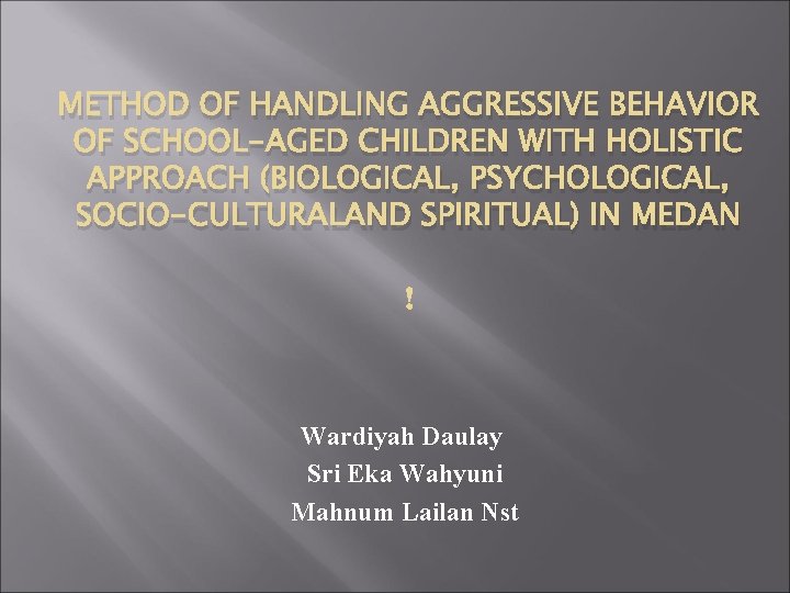 METHOD OF HANDLING AGGRESSIVE BEHAVIOR OF SCHOOL-AGED CHILDREN WITH HOLISTIC APPROACH (BIOLOGICAL, PSYCHOLOGICAL, SOCIO-CULTURALAND