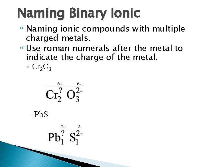 Naming Binary Ionic Naming ionic compounds with multiple charged metals. Use roman numerals after Naming Binary Ionic Naming ionic compounds with multiple charged metals. Use roman numerals after