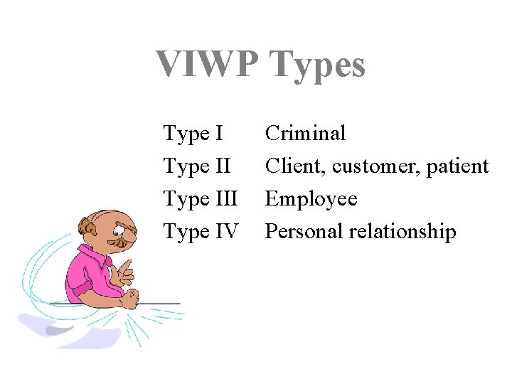 VIWP Types Type III Type IV Criminal Client, customer, patient Employee Personal relationship 