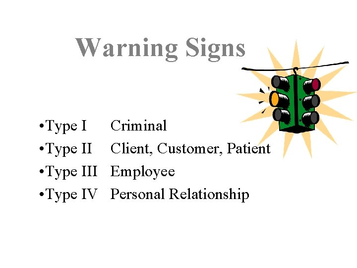 Warning Signs • Type III • Type IV Criminal Client, Customer, Patient Employee Personal