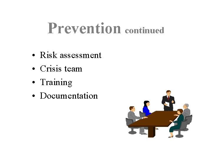 Prevention continued • • Risk assessment Crisis team Training Documentation 
