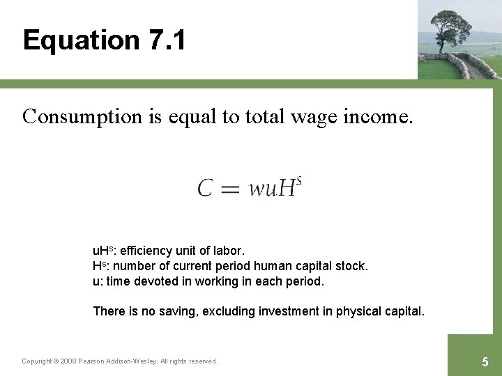 Equation 7. 1 Consumption is equal to total wage income. u. Hs: efficiency unit