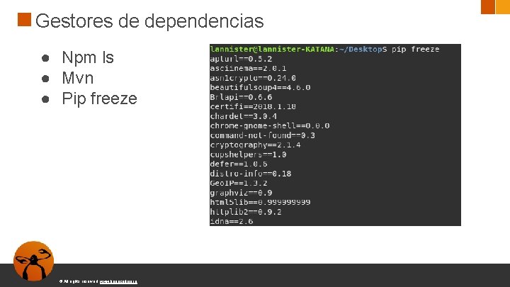 Gestores de dependencias ● Npm ls ● Mvn ● Pip freeze © All rights