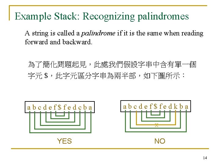 Example Stack: Recognizing palindromes A string is called a palindrome if it is the Example Stack: Recognizing palindromes A string is called a palindrome if it is the