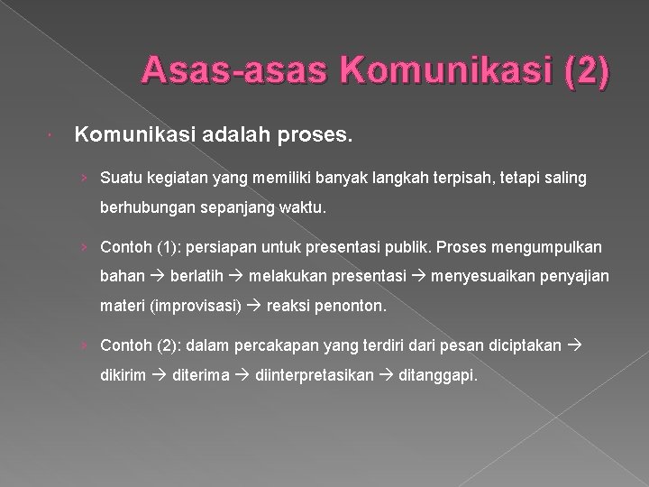 Asas-asas Komunikasi (2) Komunikasi adalah proses. › Suatu kegiatan yang memiliki banyak langkah terpisah,