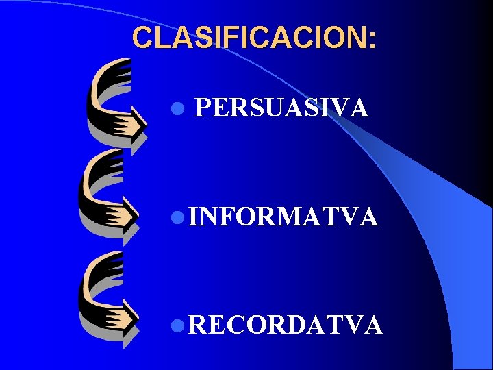 CLASIFICACION: l PERSUASIVA l INFORMATVA l RECORDATVA 