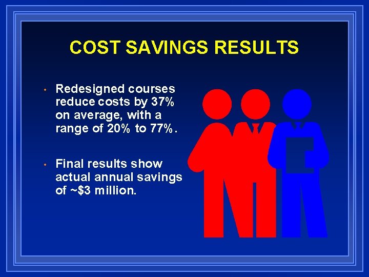 COST SAVINGS RESULTS • Redesigned courses reduce costs by 37% on average, with a