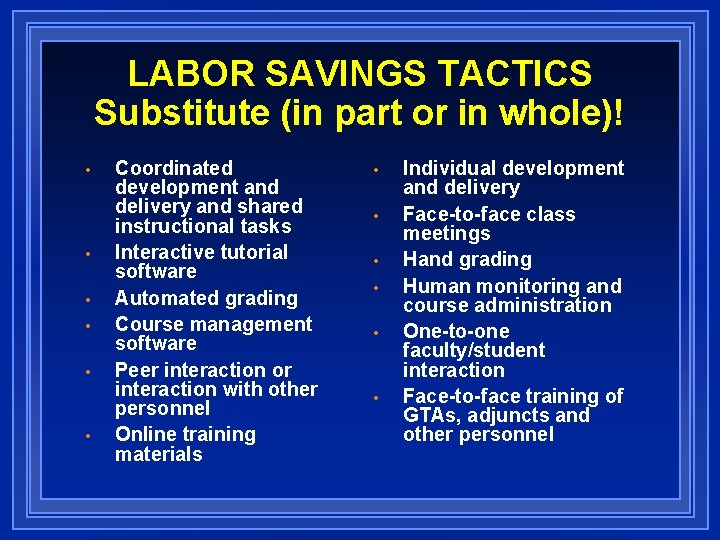 LABOR SAVINGS TACTICS Substitute (in part or in whole)! • • • Coordinated development