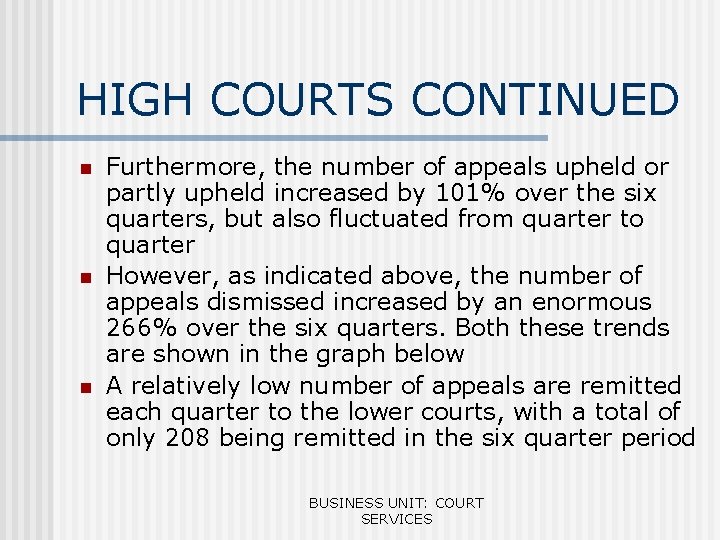 HIGH COURTS CONTINUED n n n Furthermore, the number of appeals upheld or partly