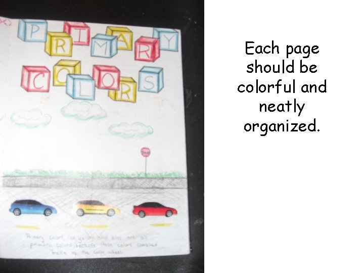 Each page should be colorful and neatly organized. 