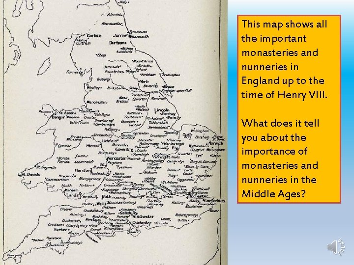 This map shows all the important monasteries and nunneries in England up to the