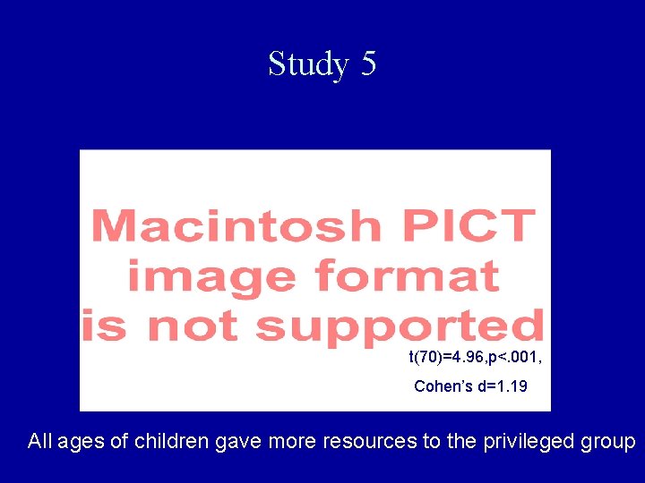 Study 5 t(70)=4. 96, p<. 001, Cohen’s d=1. 19 All ages of children gave