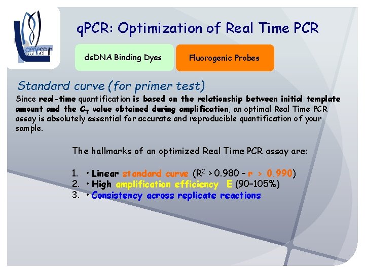 q. PCR: Optimization of Real Time PCR ds. DNA Binding Dyes Fluorogenic Probes Standard