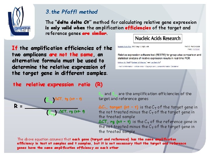 3. the Pfaffl method The “delta Ct” method for calculating relative gene expression is