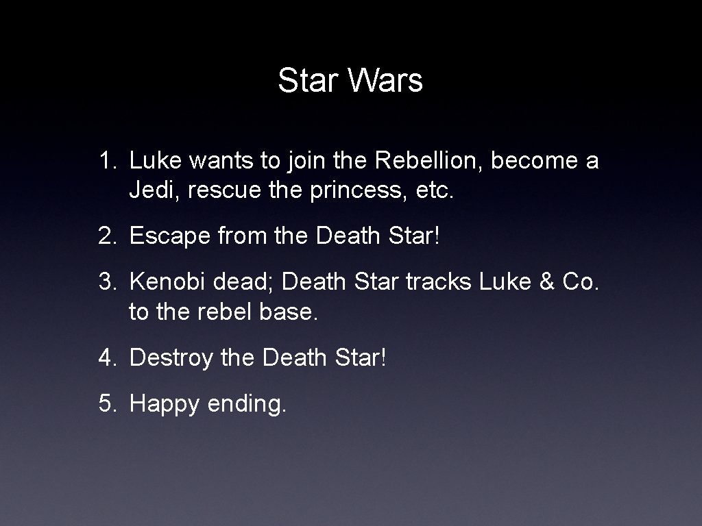 Star Wars 1. Luke wants to join the Rebellion, become a Jedi, rescue the