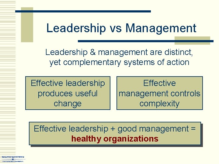 Leadership vs Management Leadership & management are distinct, yet complementary systems of action Effective