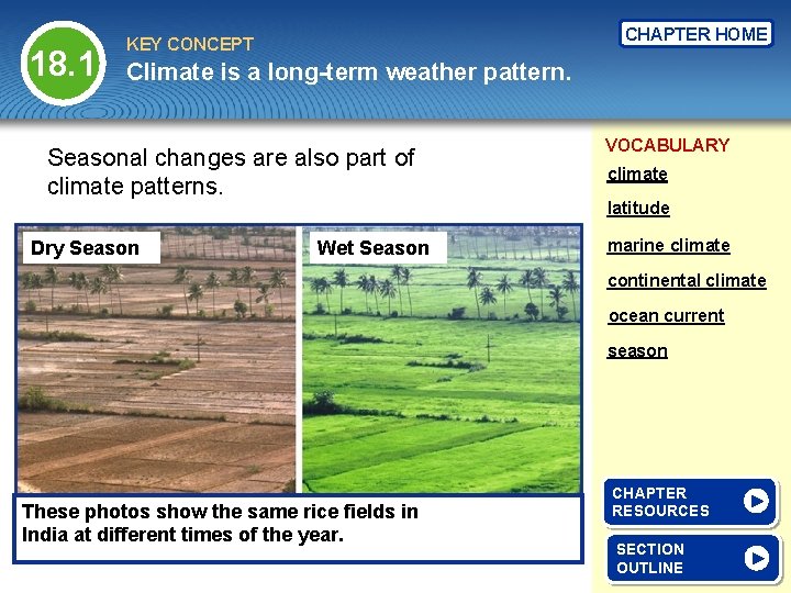 18. 1 CHAPTER HOME KEY CONCEPT Climate is a long-term weather pattern. Seasonal changes