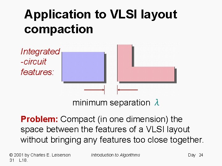 Application to VLSI layout compaction Integrated -circuit features: minimum separation λ Problem: Compact (in