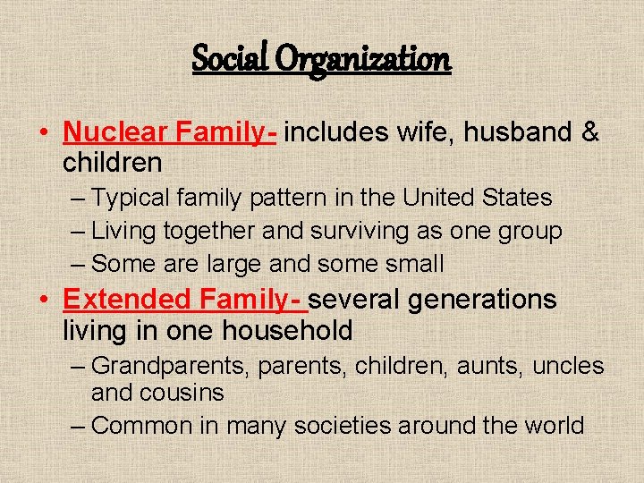 Social Organization • Nuclear Family- includes wife, husband & children – Typical family pattern