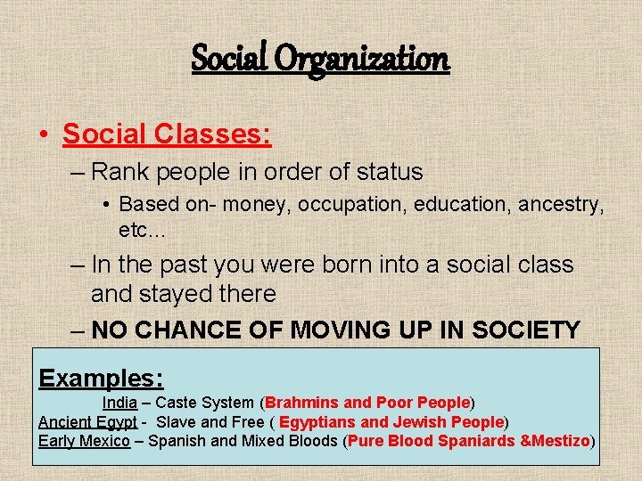 Social Organization • Social Classes: – Rank people in order of status • Based