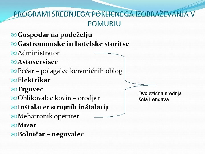 PROGRAMI SREDNJEGA POKLICNEGA IZOBRAŽEVANJA V POMURJU Gospodar na podeželju Gastronomske in hotelske storitve Administrator