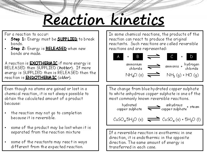 Reaction kinetics For a reaction to occur: • Step 1: Energy must be SUPPLIED