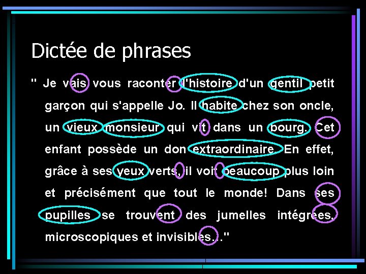 Dictée de phrases " Je vais vous raconter l'histoire d'un gentil petit garçon qui