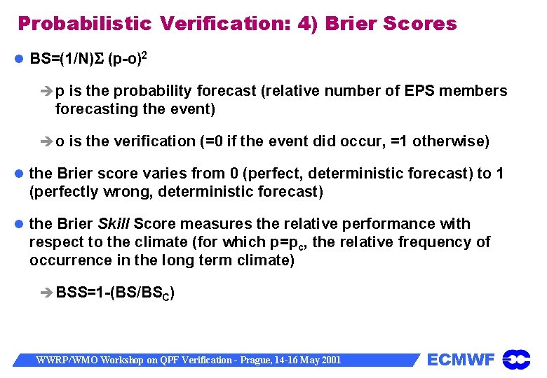 Probabilistic Verification: 4) Brier Scores BS=(1/N) (p-o)2 p is the probability forecast (relative number