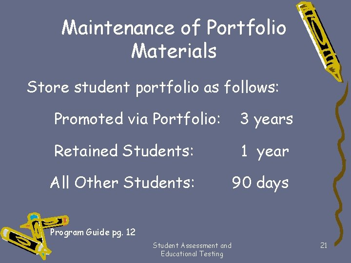 Maintenance of Portfolio Materials Store student portfolio as follows: Promoted via Portfolio: 3 years