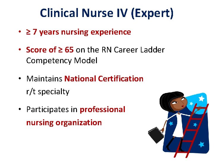 Clinical Nurse IV (Expert) • ≥ 7 years nursing experience • Score of ≥