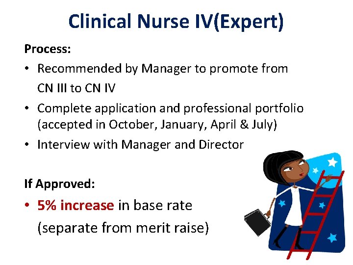 Clinical Nurse IV(Expert) Process: • Recommended by Manager to promote from CN III to