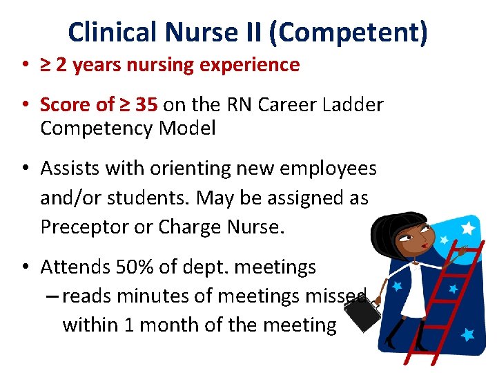 Clinical Nurse II (Competent) • ≥ 2 years nursing experience • Score of ≥