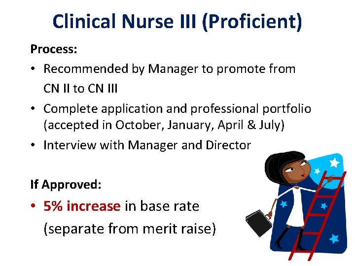 Clinical Nurse III (Proficient) Process: • Recommended by Manager to promote from CN II